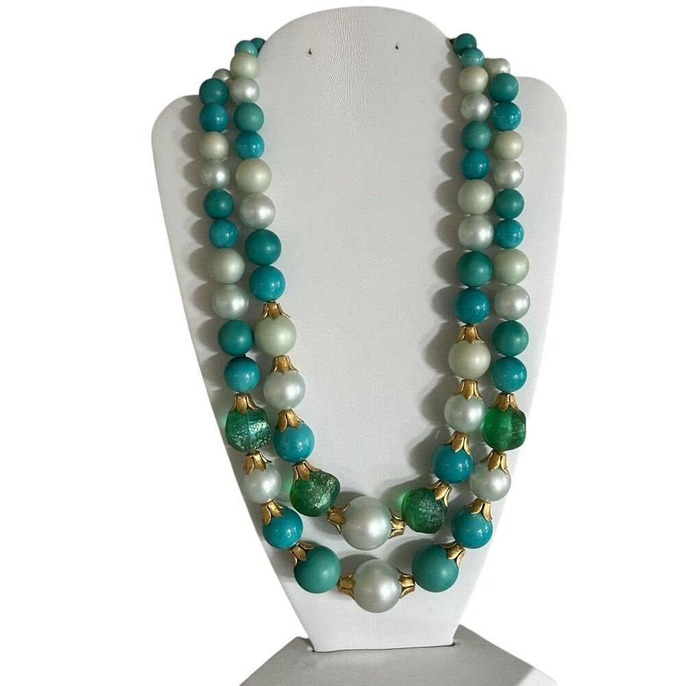 Vintage Double Strand Layered Large Bead Statement Necklace Mixed Green Colors